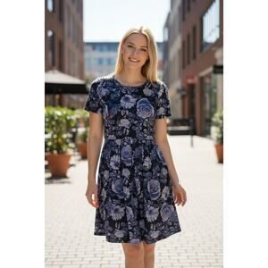 LulaRoe Women's Amelia Blue + Purple Floral Dress Size Small